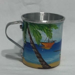 Small coffee mug with Santo Domingo Palm Trees beaches boats hand crafted.blue